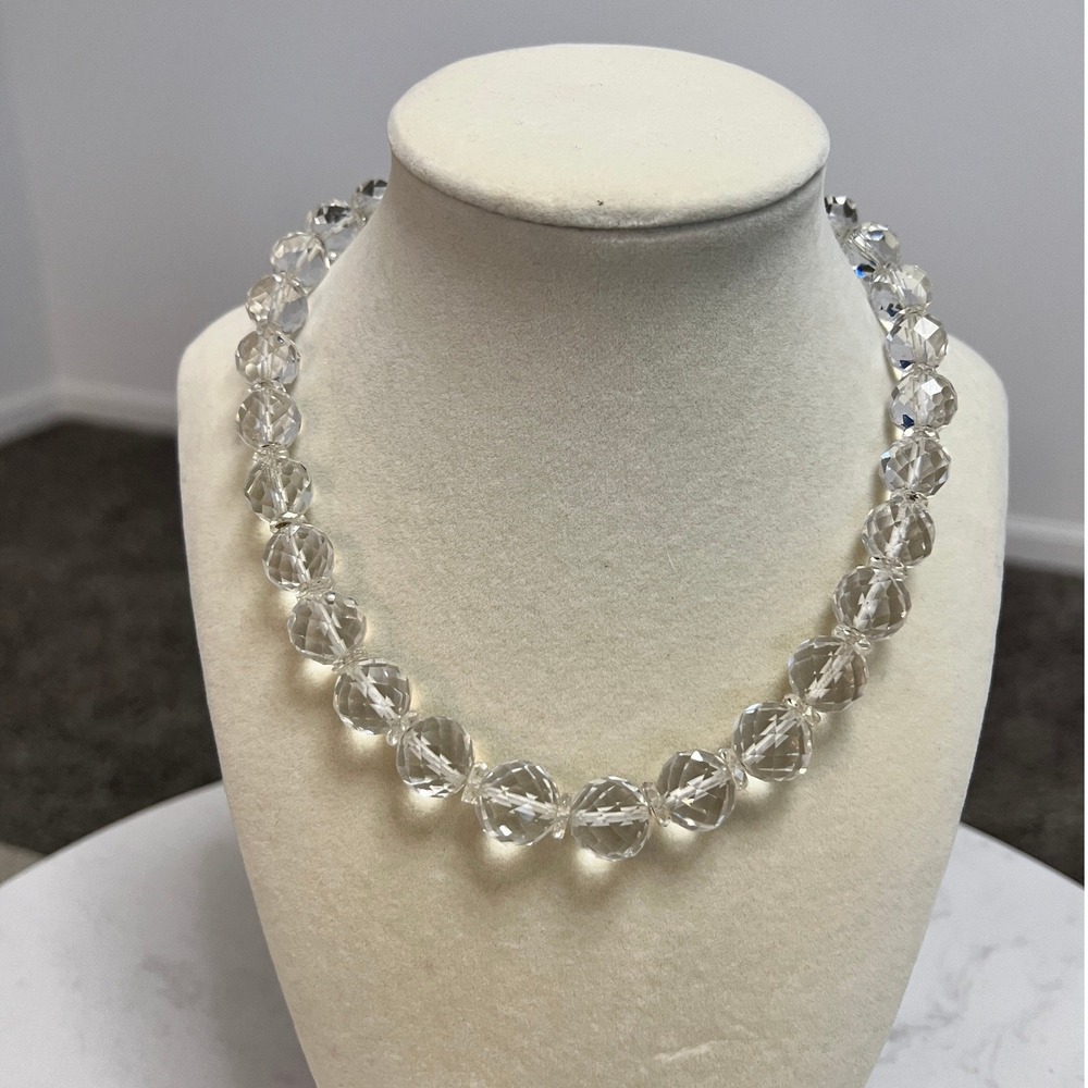 Sparkling Clear Crystal Faceted Bead‎ Necklace Silver Tone Filigree Clasp MCM